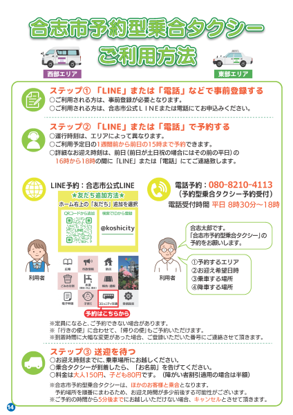 ご利用方法です。1.LINEまたは電話などで事前登録する 2.LINEまたは電話で予約する 　運行時刻はエリアによって異なります 　ご利用予定日の1週間前から前日の午後3時まで予約できます 　詳細なお迎え時刻は、前日（前日が土日祝の場合はその前の平日）の午後4時から6時の間に、LINEまたは電話にてご連絡いたします 3.送迎を待つ。お迎え時刻までに乗車場所にお越しください 　乗合タクシーが到着したらお名前を告げてください