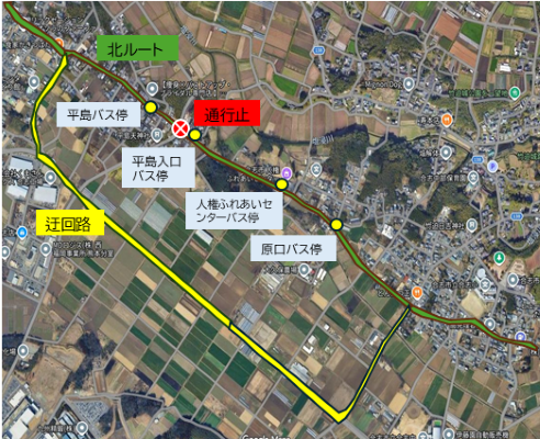 レターバス北ルート平島交差点改良工事に伴う迂回運行位置図400